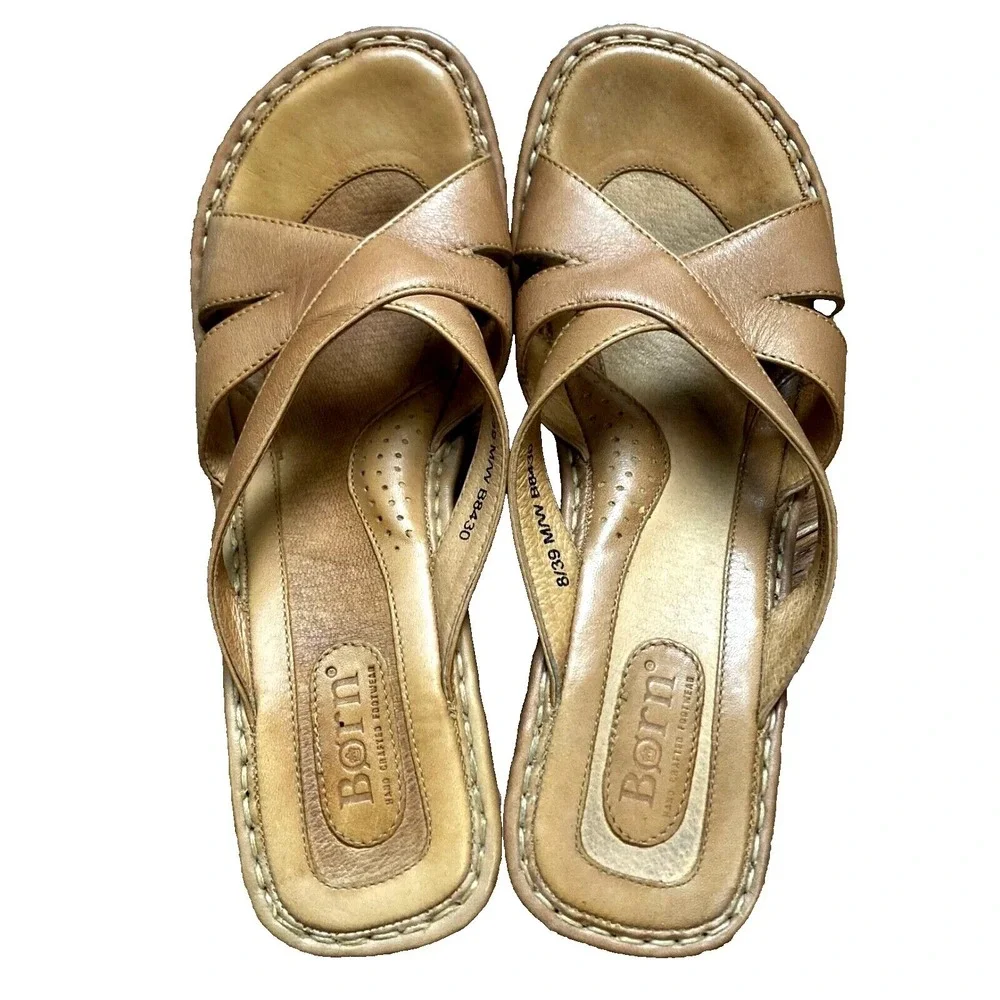 Born Wedge Sandal Womens 8 Tan Brown Leather Slip On 3 inch Heel Slide B8430